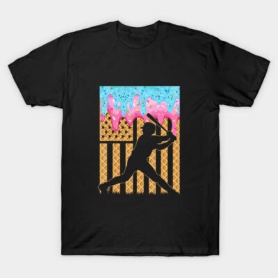 Black t-shirt with colorful ice cream and baseball player graphic, casual style, cotton material, unisex design.