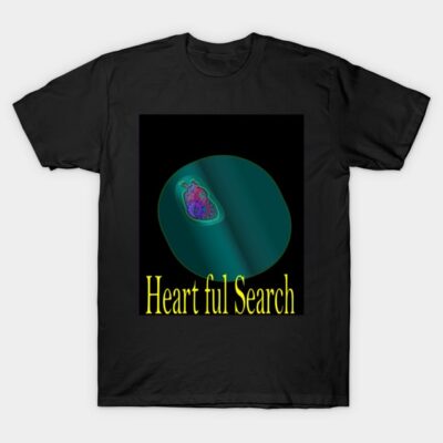 Black T-shirt with abstract heart design, "Heart ful Search" text, casual style, comfortable cotton fabric.