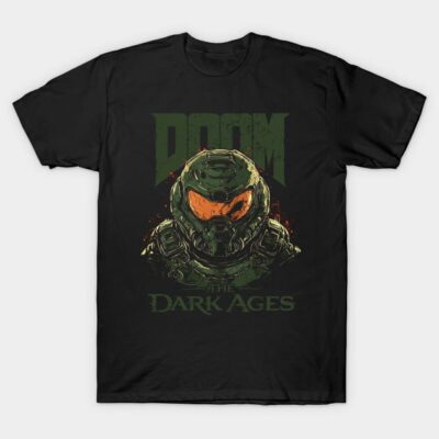 Black graphic T-shirt featuring futuristic helmet design, "Doom The Dark Ages" text. Ideal for casual wear. 100% cotton.