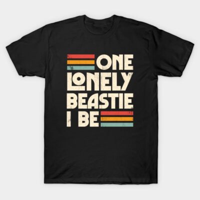 Black unisex t-shirt with "One Lonely Beastie I Be" text in vintage style, multicolored stripes, casual wear.