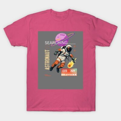 Pink astronaut graphic t-shirt featuring space design, casual style, cotton material, ideal for everyday wear.