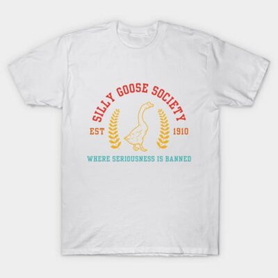 White "Silly Goose Society" T-shirt, humorous graphic print, casual wear, cotton material, unisex style.