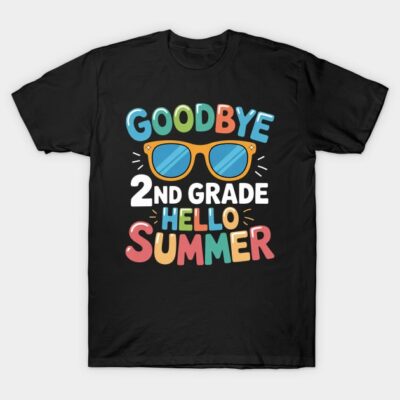 Black T-shirt with colorful "Goodbye 2nd Grade Hello Summer" graphic, featuring sunglasses design, casual style.