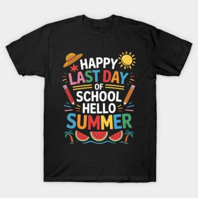 Black t-shirt with colorful "Happy Last Day of School Hello Summer" graphic, featuring sun and watermelon designs.