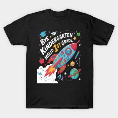 Black t-shirt with colorful rocket and text design for kids, celebrating transition from kindergarten to 1st grade.