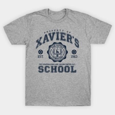 Gray cotton T-shirt with "Xavier's School" graphic, vintage style, casual wear, perfect for everyday comfort.