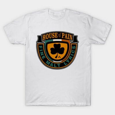 White cotton t-shirt with shamrock emblem and "House of Pain" text. Casual wear, unisex style.