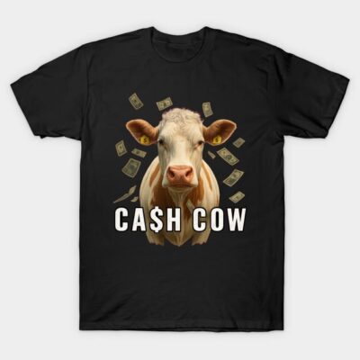 Black "Cash Cow" graphic T-shirt, featuring illustrative cow with money design, casual style, comfortable cotton material.