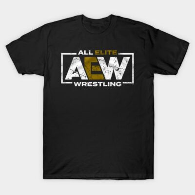 Black AEW wrestling t-shirt, featuring bold white and gold logo, casual fit, perfect for fans and everyday wear.