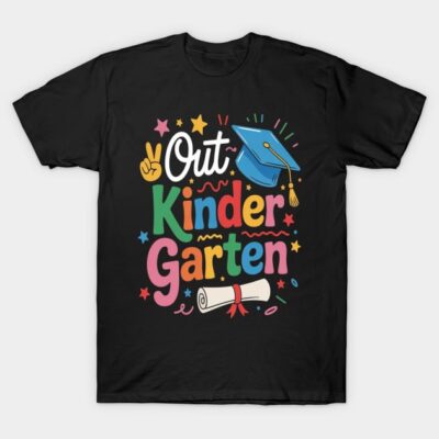 Black kindergarten graduation t-shirt with colorful text and cap design, perfect for celebrating school milestones.