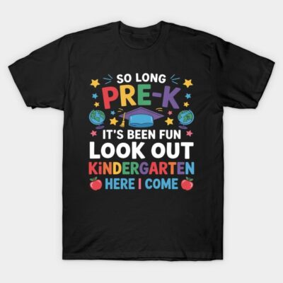 Black t-shirt with colorful kindergarten graduation design, featuring playful text and graphics. Ideal for school events.