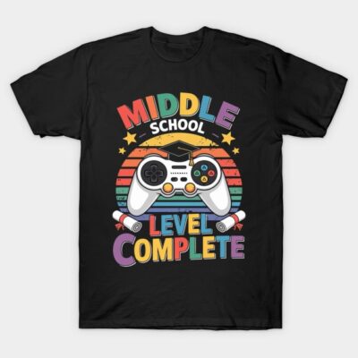 Black T-shirt with colorful "Middle School Level Complete" graphic, featuring a gaming controller and graduation cap.