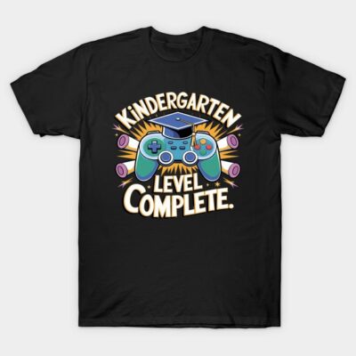 Black t-shirt with colorful "Kindergarten Level Complete" gaming design, perfect for graduation celebrations.