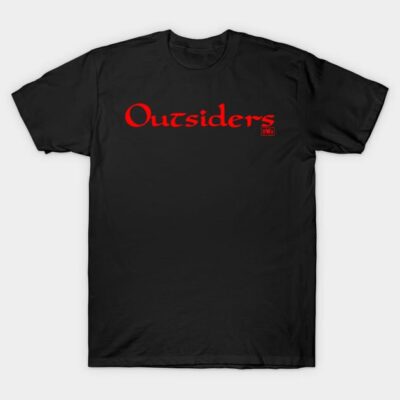 Black cotton t-shirt with red "Outsiders" text, casual wear, comfortable fit, perfect for everyday use.