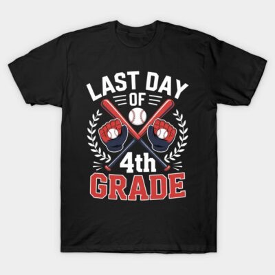 Black "Last Day of 4th Grade" t-shirt with baseball theme, featuring bats and gloves, perfect for end-of-school celebrations.