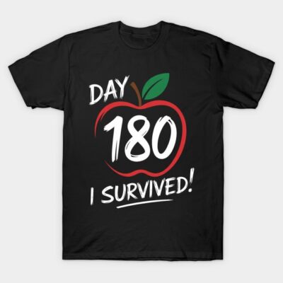 Black t-shirt with "Day 180 I Survived" apple design, casual style, cotton blend, perfect for milestone celebrations.