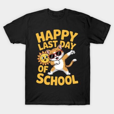 Black t-shirt with "Happy Last Day of School" text, featuring cartoon cat and sun graphic. Fun end-of-school design.