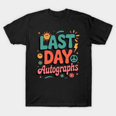 Black t-shirt with colorful "Last Day Autographs" graphic design, featuring playful icons and vibrant text.