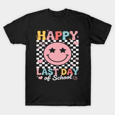 Black t-shirt with colorful "Happy Last Day of School" graphic, featuring a pink smiley face and checkered background.