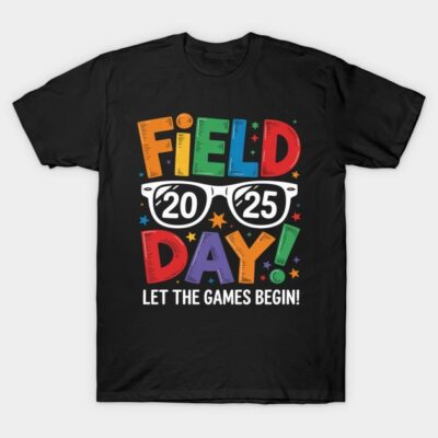 "Black Field Day 2025 T-shirt with colorful text and glasses graphic, perfect for events and casual wear."