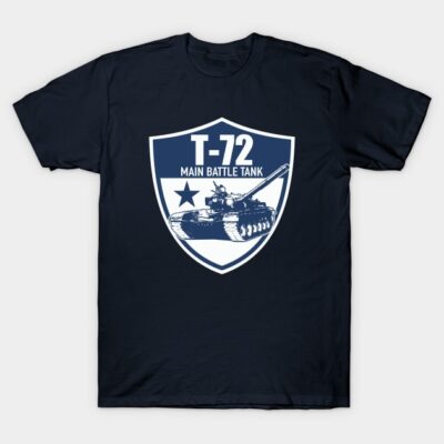 Navy blue T-shirt with T-72 main battle tank design, shield logo, casual wear, 100% cotton, unisex style.