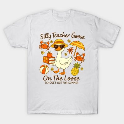 White T-shirt with "Silly Teacher Goose" summer design featuring a goose, crabs, and beach elements. Fun casual wear.