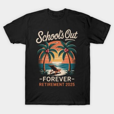Black "School's Out Forever" t-shirt with tropical sunset design, perfect for retirement celebration, 100% cotton.