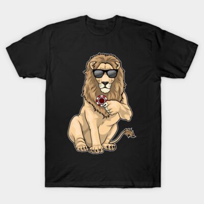 Black t-shirt featuring a cool lion with sunglasses holding a poker chip, casual style, cotton material.