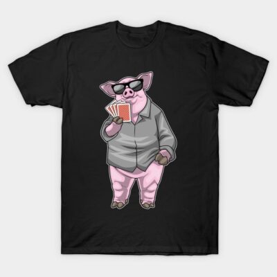 Black t-shirt featuring a cartoon pig in sunglasses holding playing cards, casual style, perfect for fun outings.