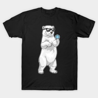 Black t-shirt featuring a cartoon polar bear with sunglasses holding a blue ice pop, casual wear, cotton blend.