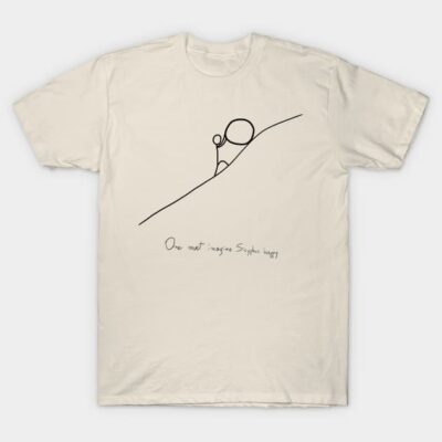 Beige T-shirt with minimalist line art and philosophical text, casual wear, cotton fabric.