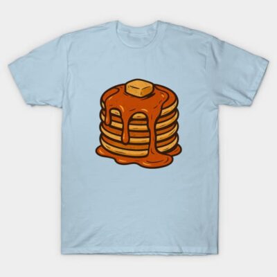 Light blue t-shirt with pancake stack graphic, syrup, butter. Casual style, cotton material, perfect for everyday wear.