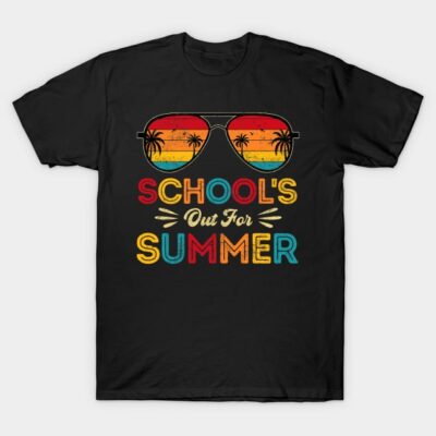 Black T-shirt with colorful "School's Out for Summer" text and sunglasses design, casual cotton tee for summer wear.