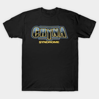 Black cotton T-shirt with "Chyna Syndrome" graphic in blue and yellow, casual style, perfect for everyday wear.