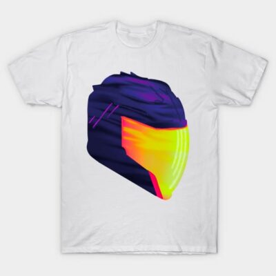 White T-shirt with colorful futuristic helmet design, vibrant neon colors, casual wear, comfortable cotton fabric.