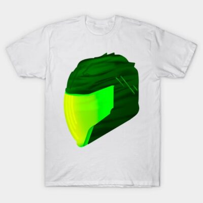 White t-shirt featuring a futuristic green helmet graphic, perfect for casual wear, made from soft cotton fabric.