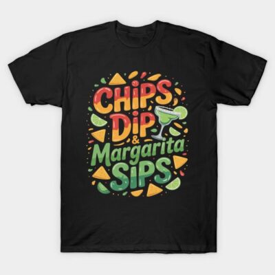 Black t-shirt with colorful "Chips, Dip & Margarita Sips" graphic design, perfect for casual wear or parties.