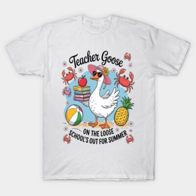 White t-shirt with colorful summer-themed goose print, featuring beach elements and school motifs. Perfect for casual wear.