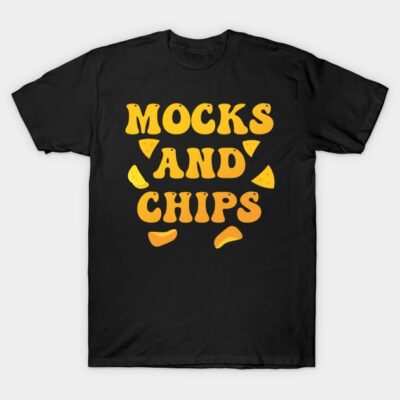 Black t-shirt with "Mocks and Chips" text and yellow snack design, casual style, soft cotton material.