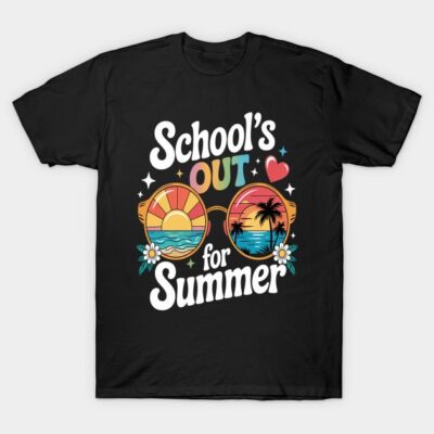 Black t-shirt with "School's Out for Summer" colorful design featuring sunglasses, sun, and ocean theme. Casual wear.