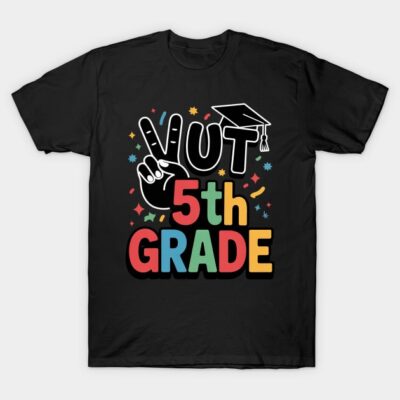 Black 5th grade graduation T-shirt with colorful text and cap, perfect for celebrating school milestones.