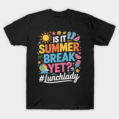Black T-shirt with colorful summer-themed graphic and "Is It Summer Break Yet?" text, perfect for casual wear.
