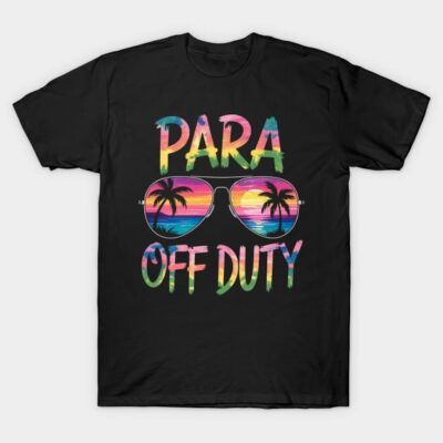 Black T-shirt with "Para Off Duty" text and colorful palm tree sunglasses graphic, casual style, cotton material.