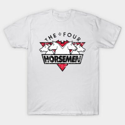 White t-shirt with "The Four Horsemen" graphic, featuring horse heads and red accents, casual cotton apparel.