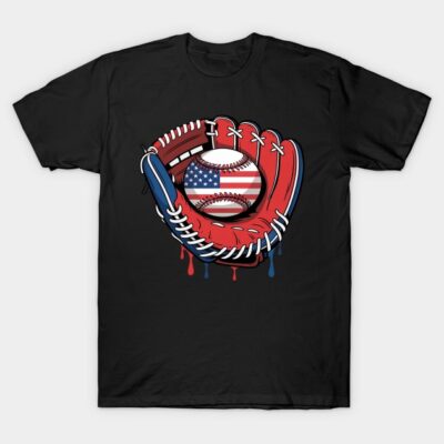 Black t-shirt featuring a red, white, and blue baseball glove graphic with an American flag-themed baseball design.