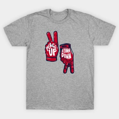 Gray t-shirt with red and white graphic design, featuring peace sign and text "Peace Up A-Town Down," casual wear.