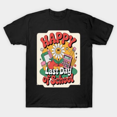 Black t-shirt with "Happy Last Day of School" graphic, featuring colorful school-themed illustrations and cheerful design.