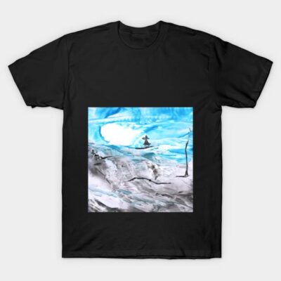Black t-shirt with blue surf wave design, casual fit, cotton material, ideal for beachwear or everyday use.