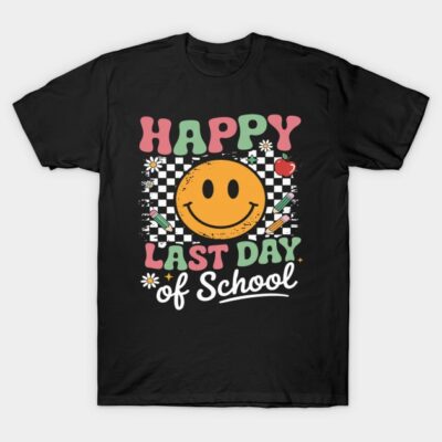 Black "Happy Last Day of School" t-shirt with colorful design, featuring smiley face and school-themed graphics.