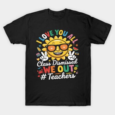 Black graphic t-shirt with colorful "I Love You All" sun design, perfect for teachers, casual wear, 100% cotton.